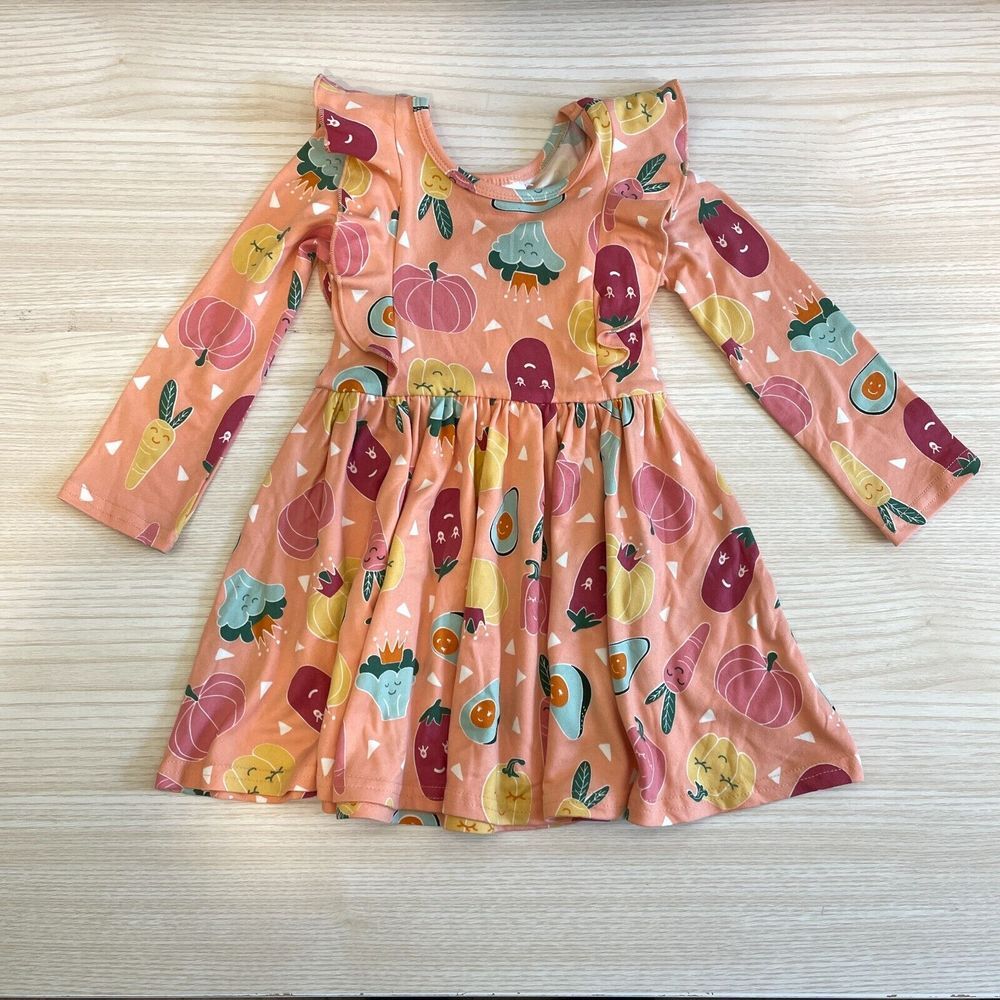 DotDotSmile Girls Vegetable Print Ruffle‎ Long Sleeve Dress Peach 12-24M NEW
